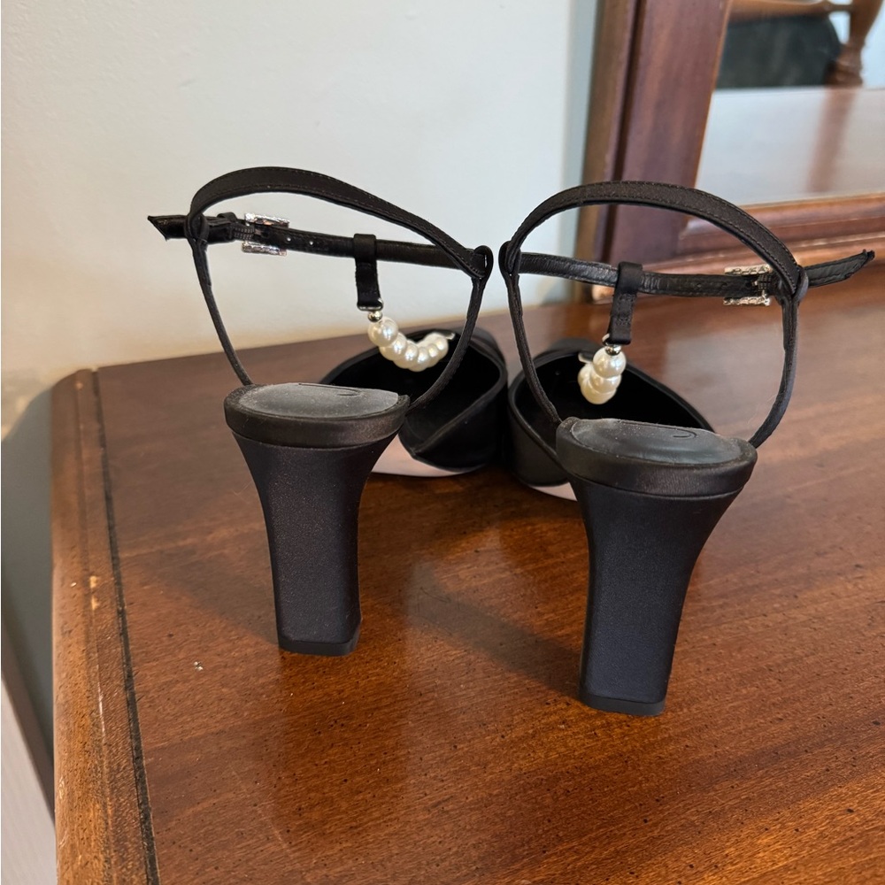 J. Crew Black Satin Pumps with Pearl T-Strap - Picture 6 of 8